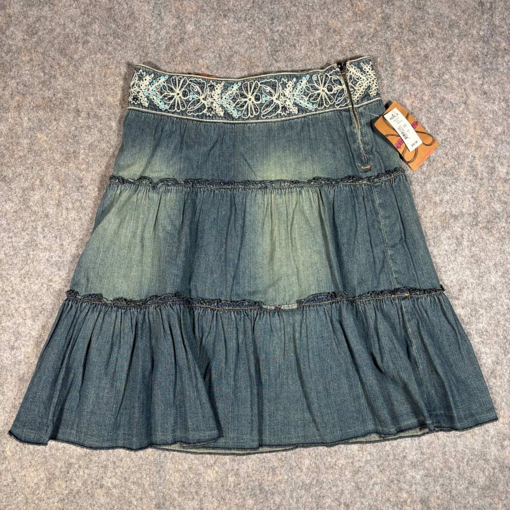 Younique Denim Tiered Skirt Womens Sz 9 Blue Embroidered Beaded Boho K091537-VA